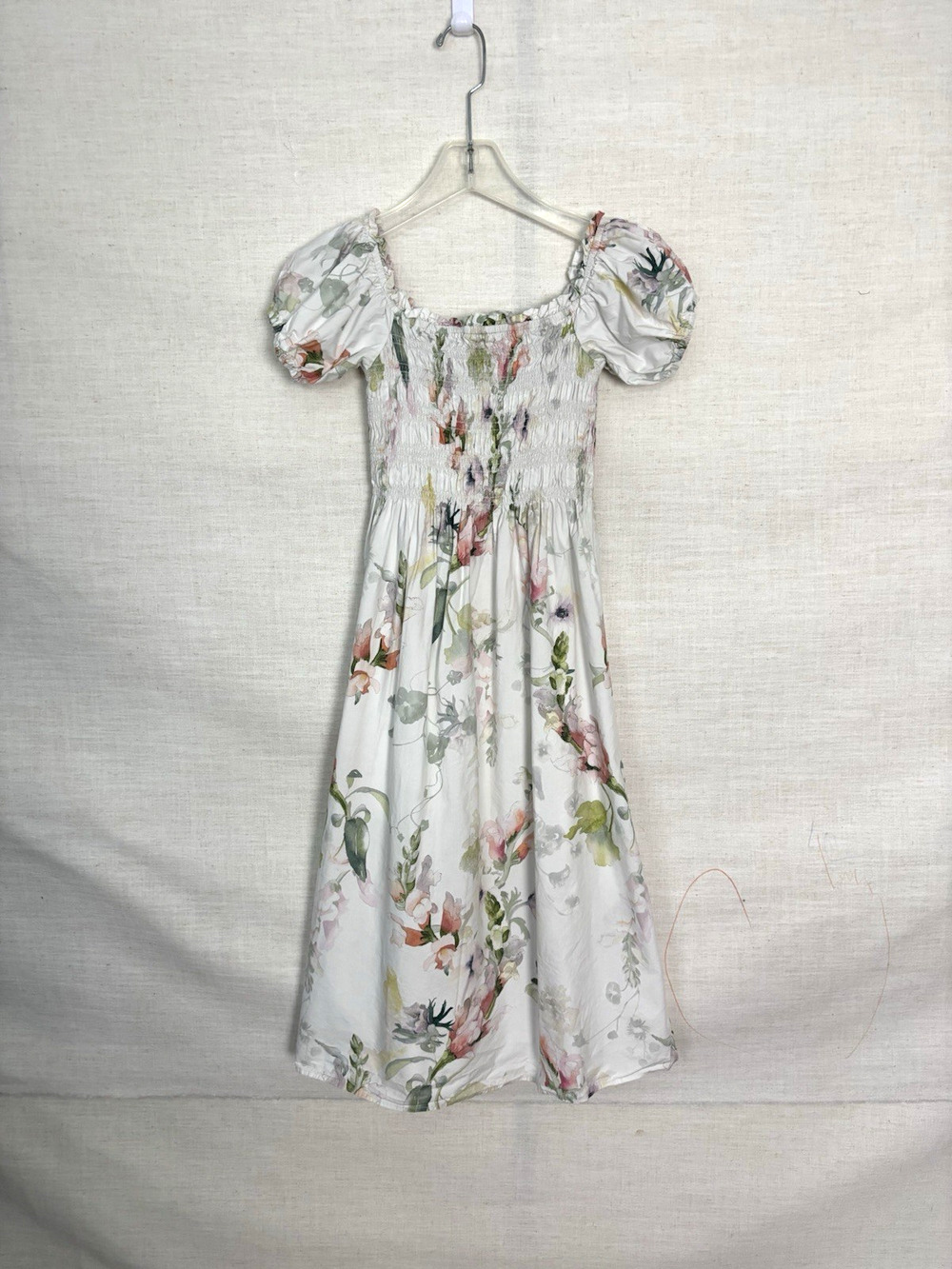 H&M Dress XS Midi Aline Floral Watercolor White Aline Boho Smoked